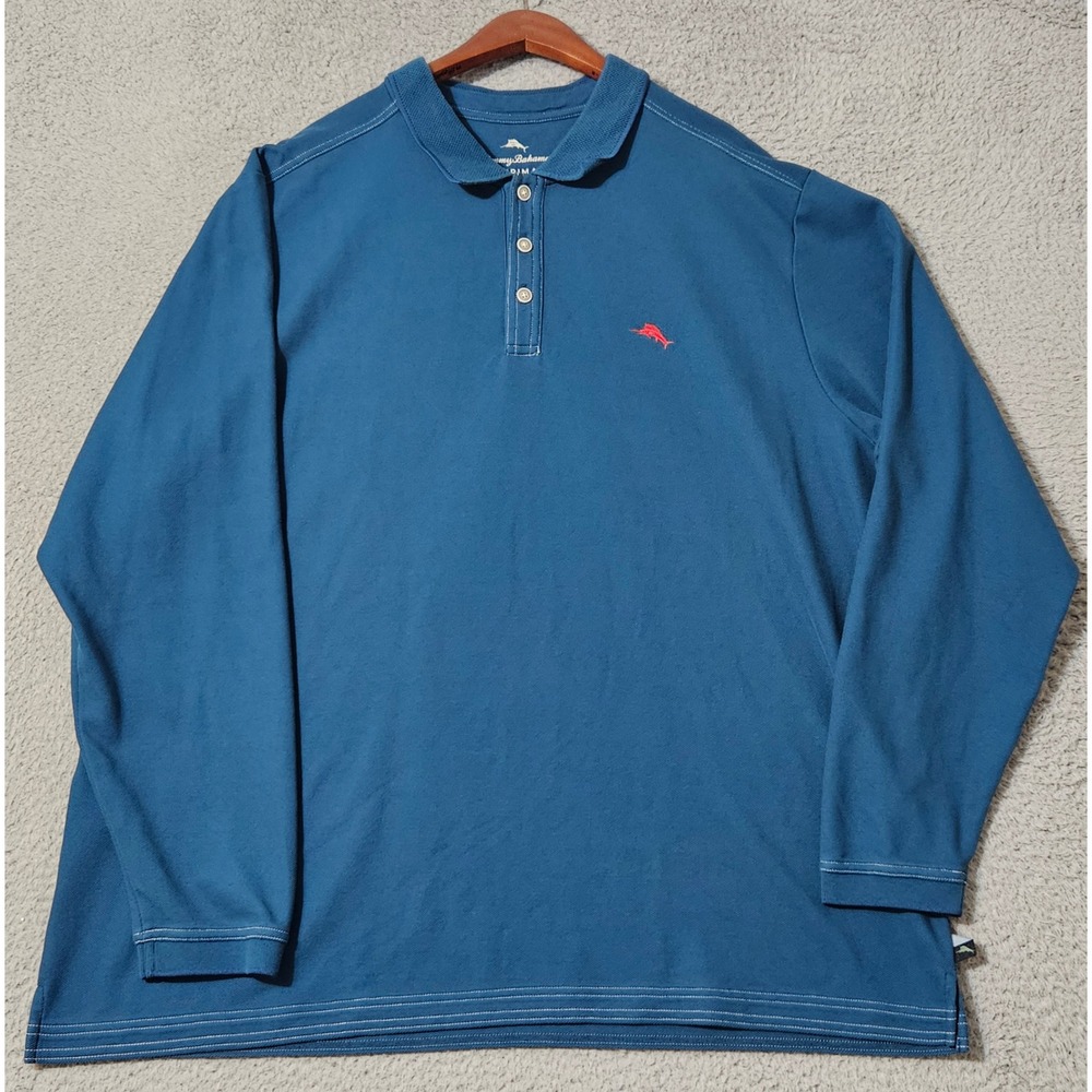 Tommy‎ Bahama Men's Long Sleeve Polo Shirt Size 2XL XXL Teal Blue Supima Cotton